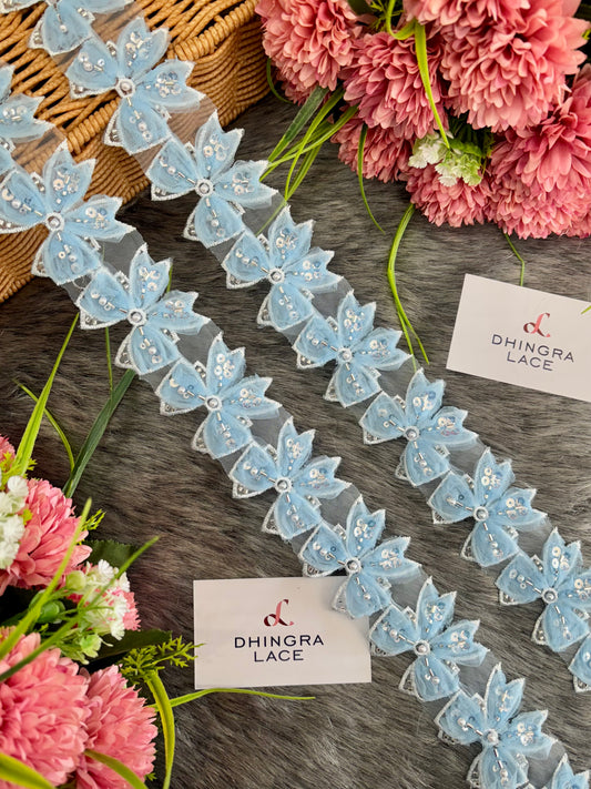 Beautiful Organza Based Cutpipe Sequence And Beads Work Bow Lace Sky Blue 220225
