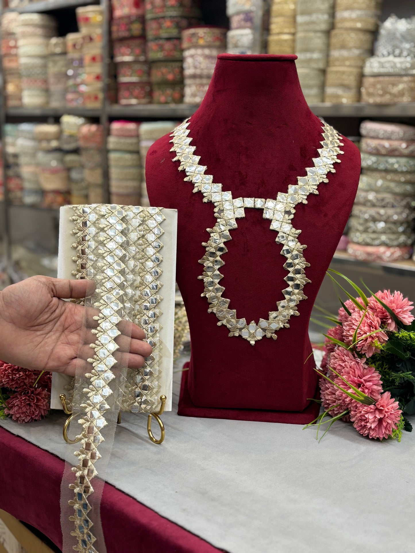 Beautiful Fake Mirror Work Neck With Lace For Sleeves(1Meter) Light Gold 170225