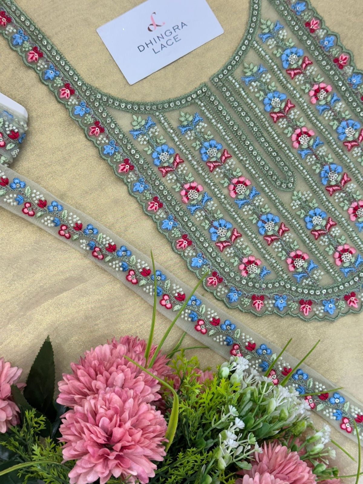 Beautiful Net Based Handwork Neck With 1 Meter Lace 060525