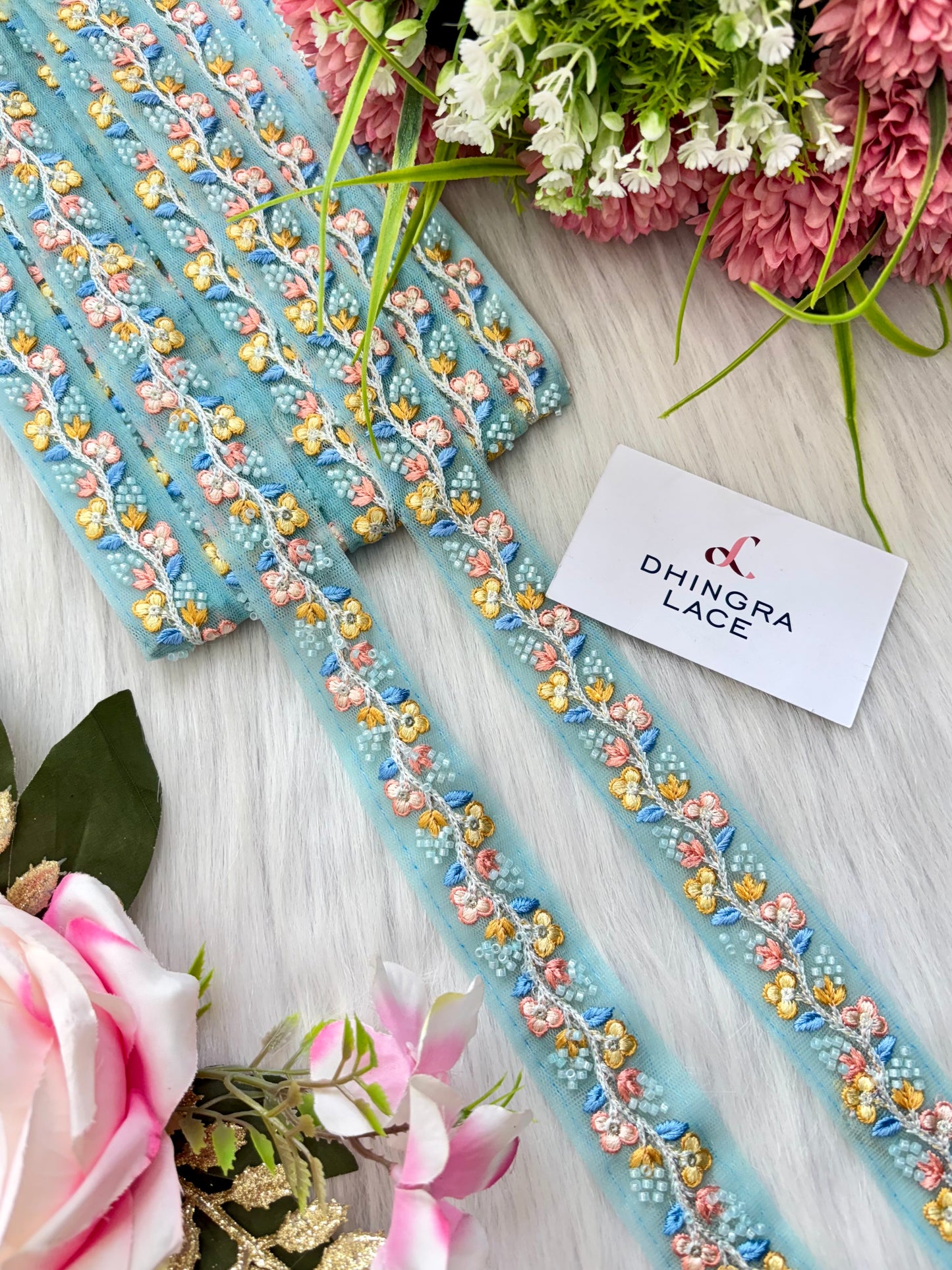 Beautiful Net Based Threadwork & Cutdana Work Lace Sky Blue 130625/1