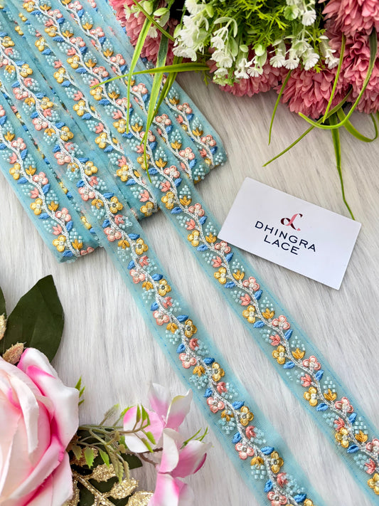 Beautiful Net Based Threadwork & Cutdana Work Lace Sky Blue 130625/1