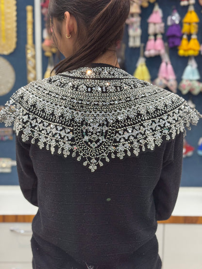 Beautiful Black Net Based Sequence And Cutpipe Work Cape Silver 040325