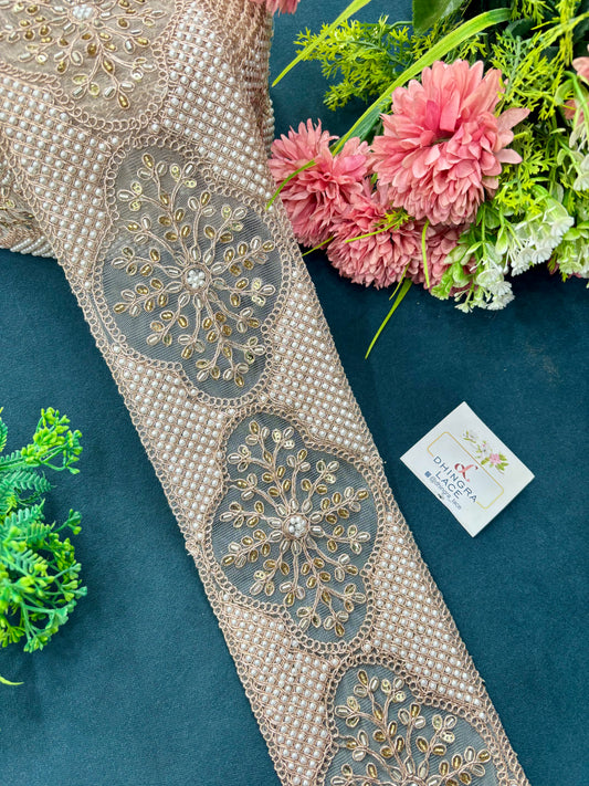 Beautiful Organza Based Pearls And Cutdana Work Lace Rose Gold 150725/2