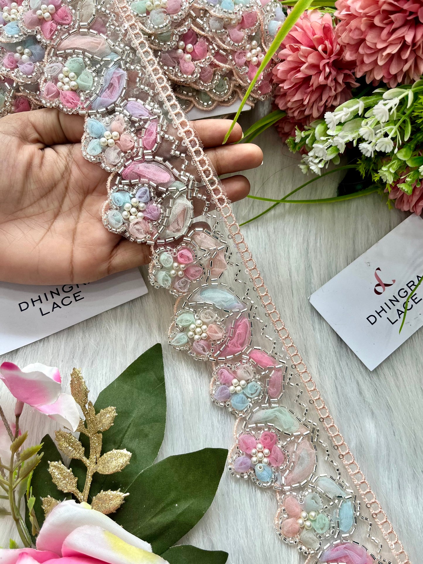 Beautiful Organza Based Handwork Lace Pink Multi 190625/280625