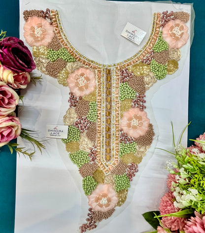 Beautiful Net Based Wooden,Beads,Cutdana& Sequins Work Neck Patches (1 Piece) 070826