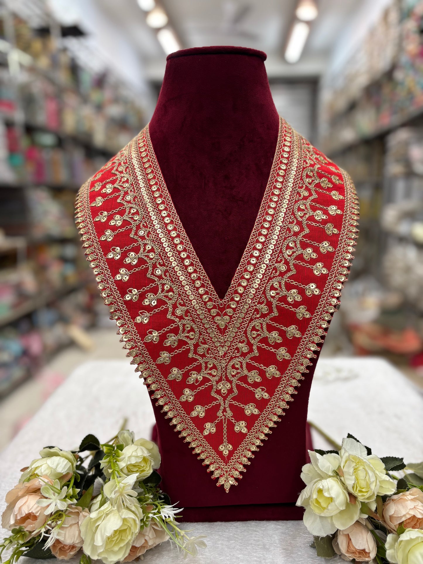 Beautiful Silk Based Zari Work V Neck Patch Red 281224 Deal