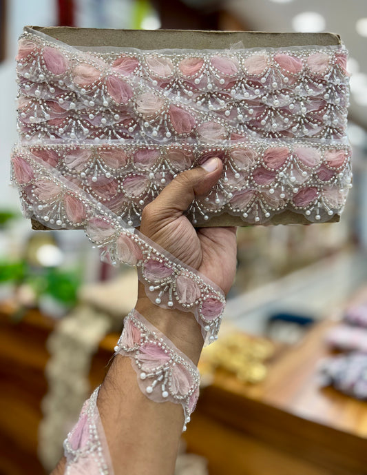 Beautiful Organza Based Pearls And Cutpipe Work Lace Multicolour 260825