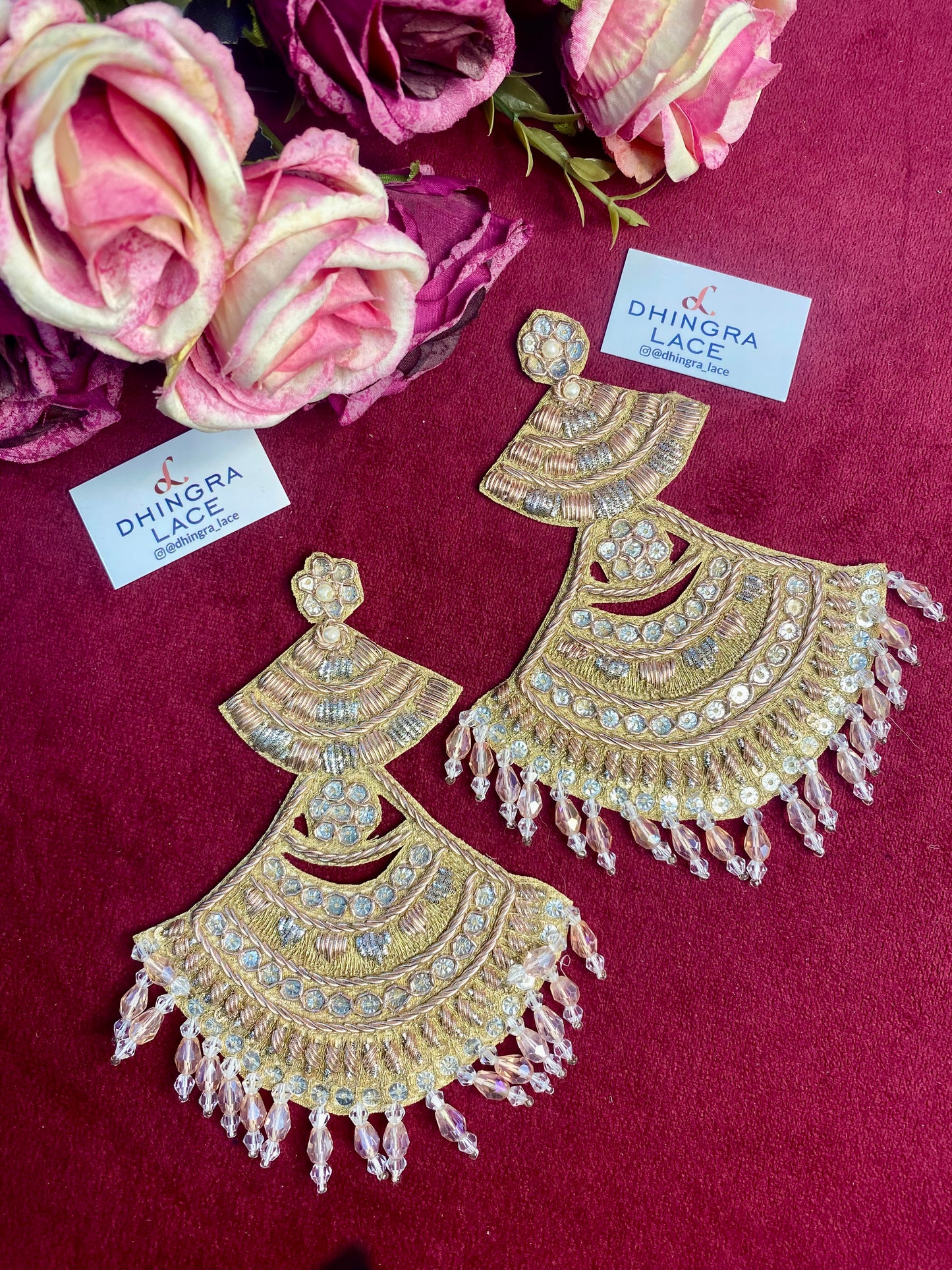 Beautiful Crystal & Zardozi Work Patches Peach L 5 W 4 Inches Pair (2 Pieces) 261225