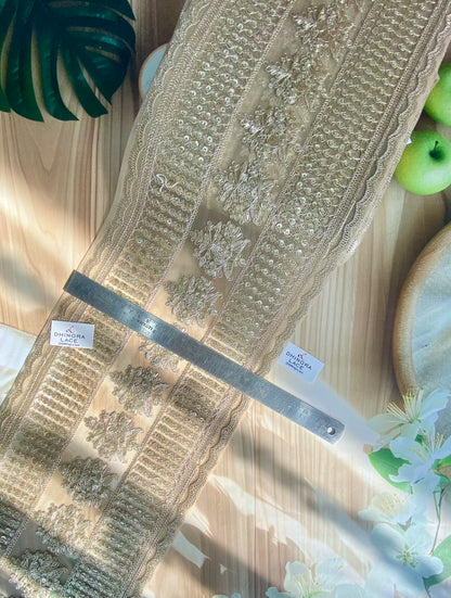 Beautiful Net Based Zari & Sequence Work 9 Inches Broad Border Lace For Saree, Suit, Dupatta, Lehnga Choli Light Gold 160126, 100226