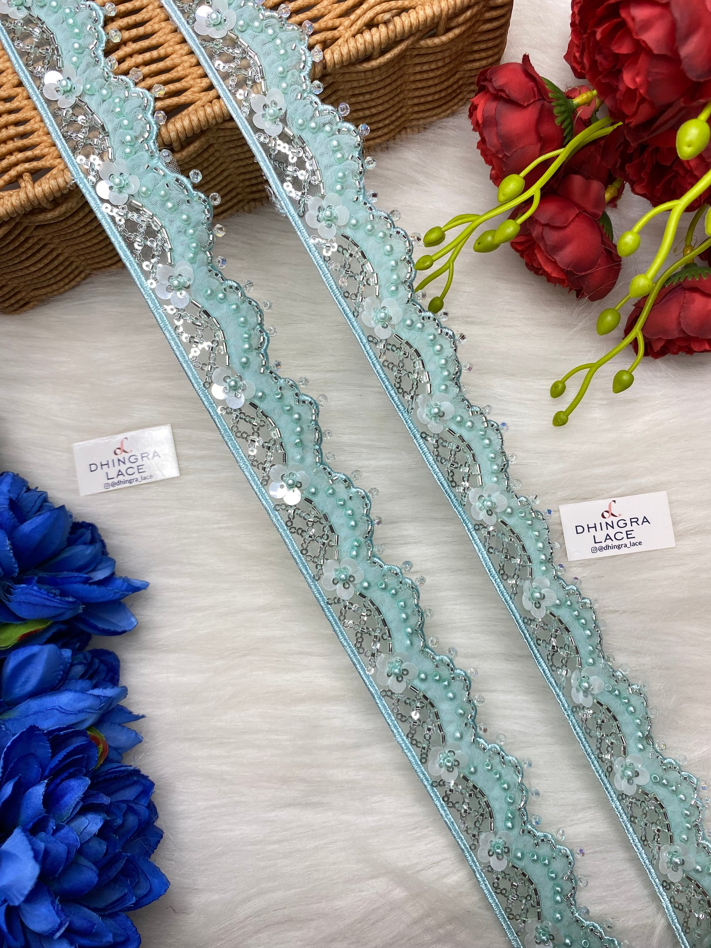 Beautiful Organza Based Cutpipe, Crystal, Sequence And Beads Work Lace (1 Meter) 250826