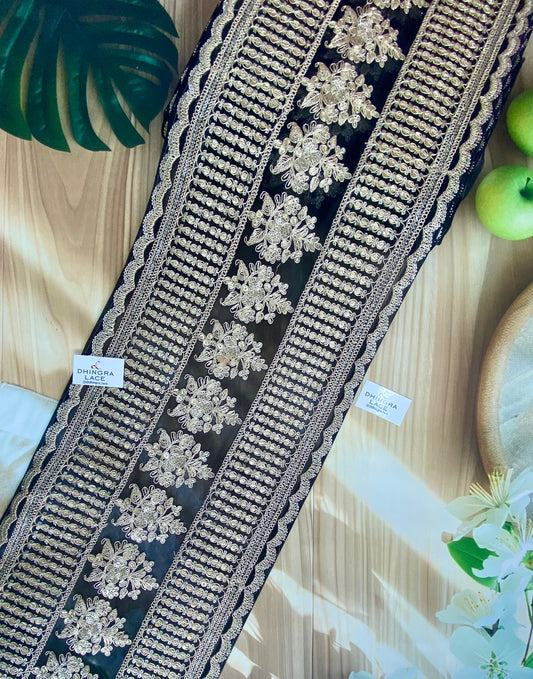 Beautiful Net Based Zari & Sequence Work 9 Inches Broad Border Lace For Saree, Suit, Dupatta, Lehnga Choli Black 160126, 100226