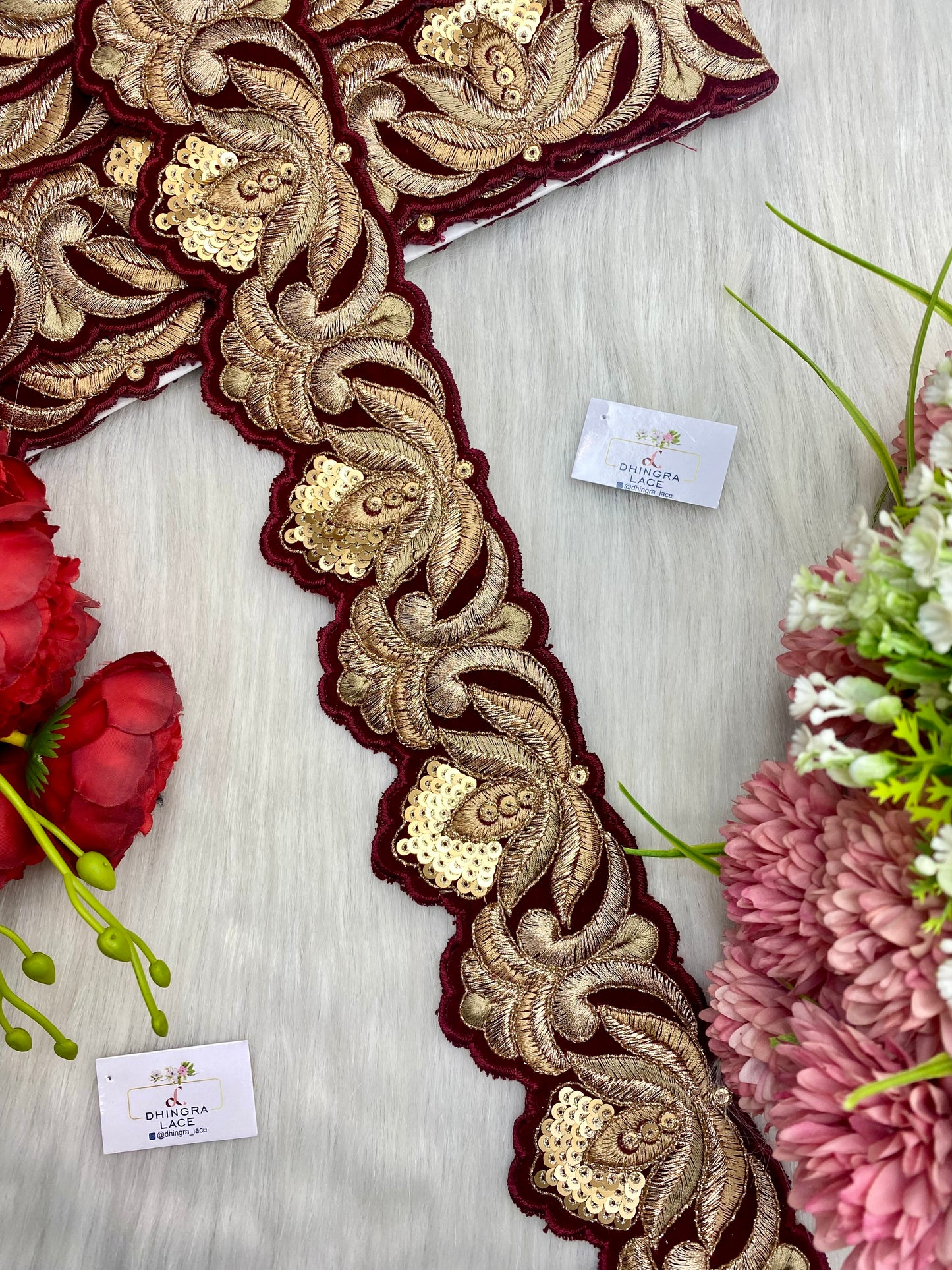 Beautiful Velvet Based 3 Inches Broad Cutwork Lace Maroon 9 Meters 070126/090126