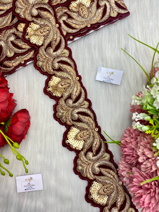 Beautiful Velvet Based 3 Inches Broad Cutwork Lace Maroon 9 Meters 070126/090126