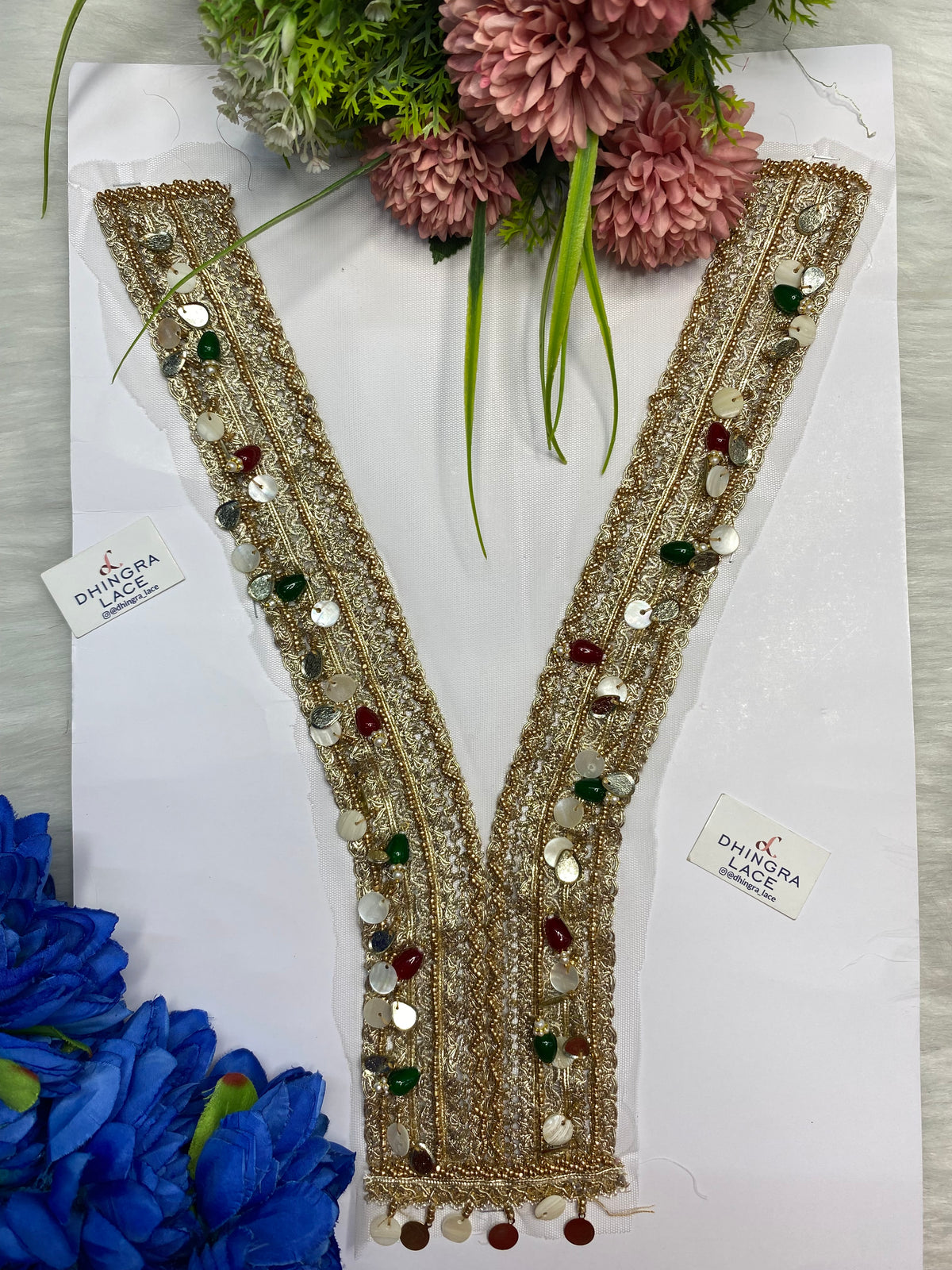 Rhine Stone Or Pearls Red Green Colour Combo With Metal Coins Or Handwork Neck Patches 161026