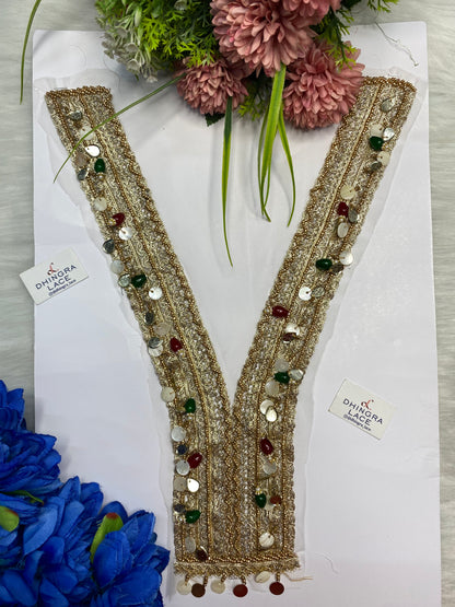 Rhine Stone Or Pearls Red Green Colour Combo With Metal Coins Or Handwork Neck Patches 161026