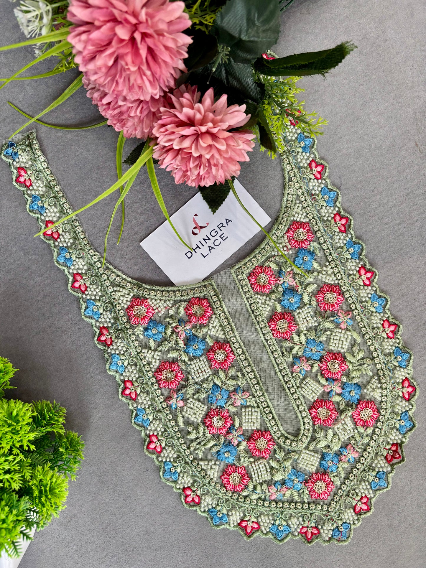 Beautiful Net Based Threadwork & Cutdana Work Neck Grey 130625/140326