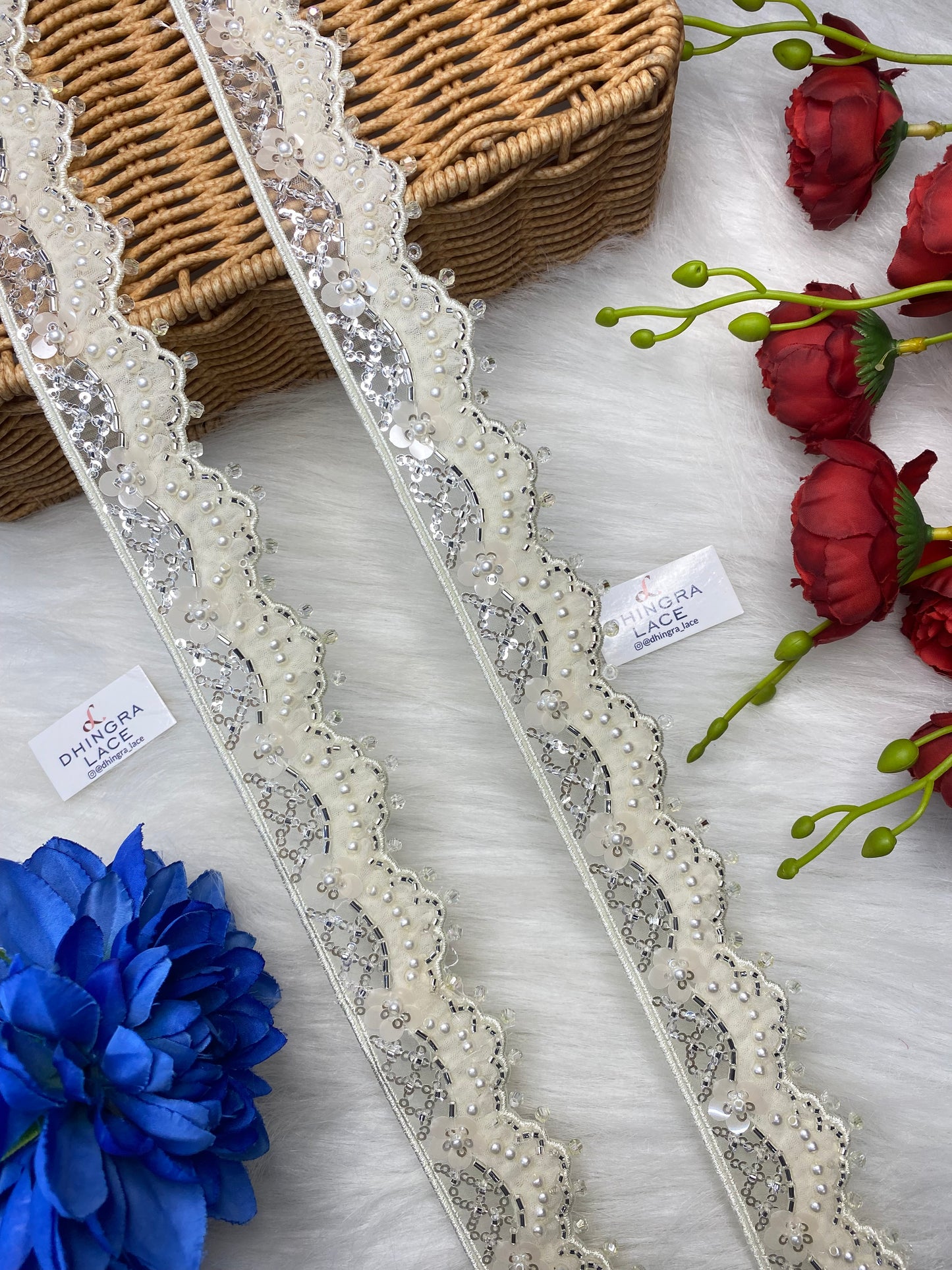 Beautiful Organza Based Cutpipe, Crystal, Sequence And Beads Work Lace (1 Meter) 250826