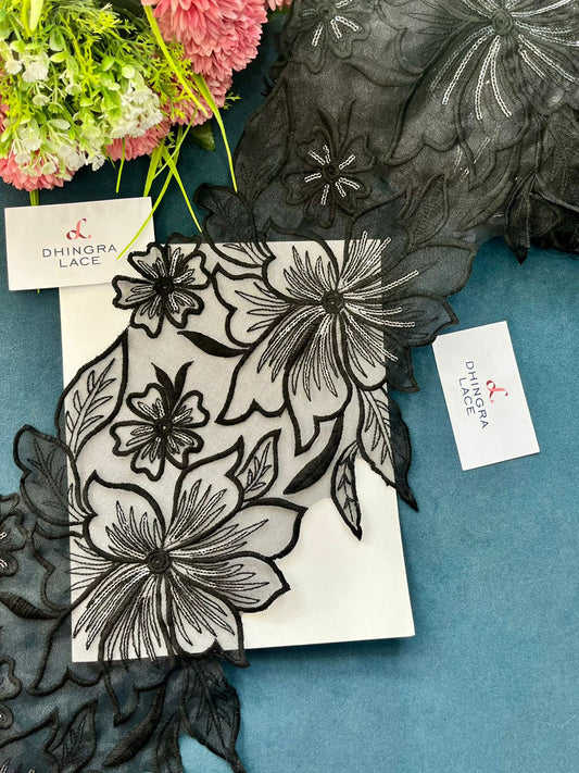 Beautiful Organza Based Flower Lace Black 170625^