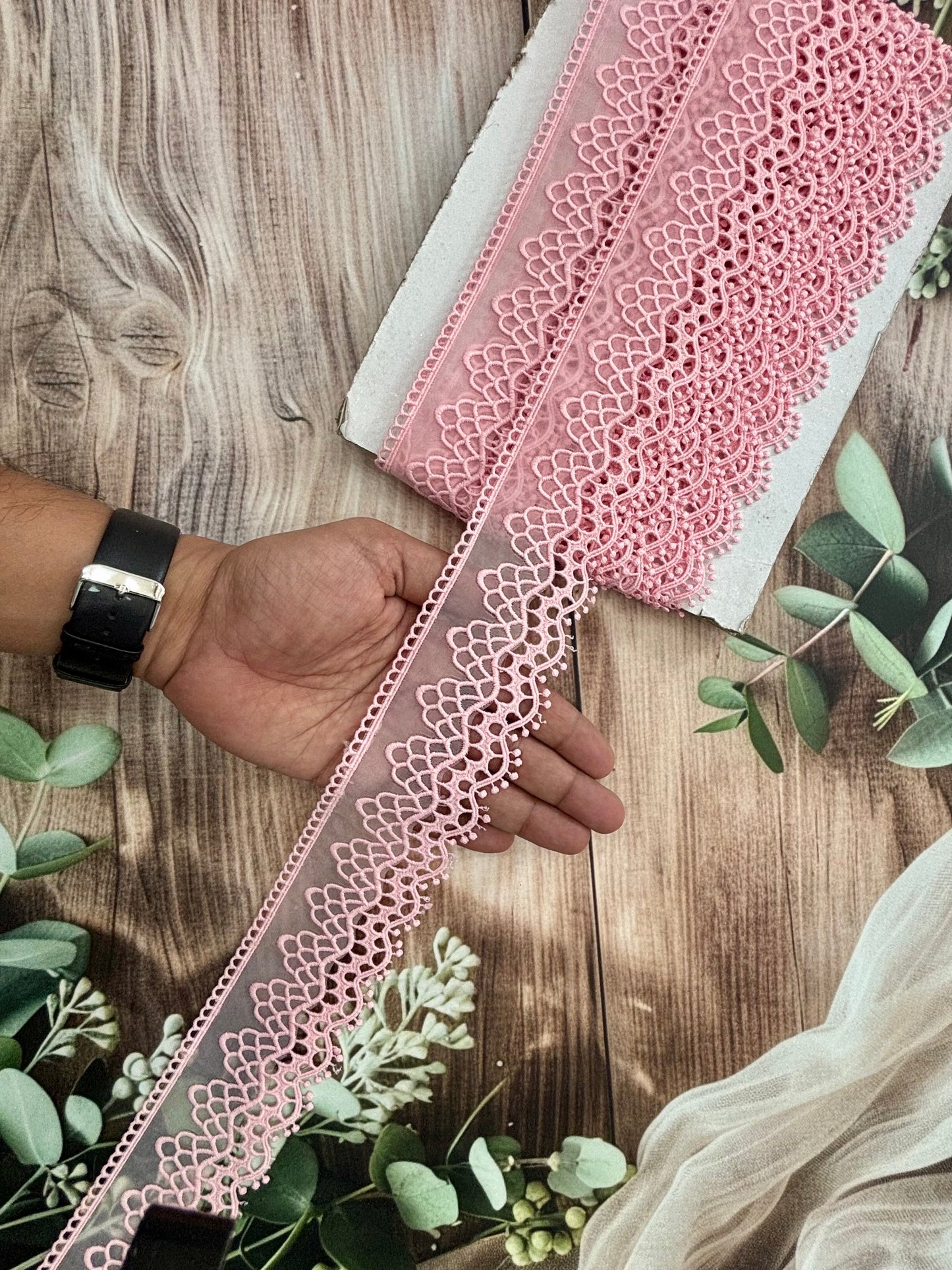 Beautiful Organza Based Scallop Lace Medium Light Pink Colourful 190226