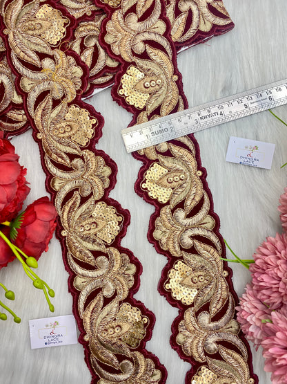 Beautiful Velvet Based 3 Inches Broad Cutwork Lace Maroon 9 Meters 070126/090126
