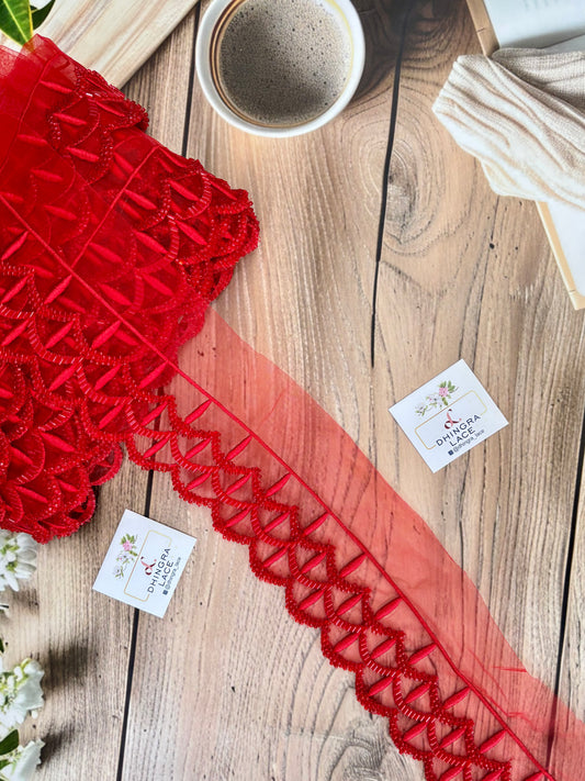 Beautiful Organza Based Threadwork Or Cutpipe Work Lace Red 200925