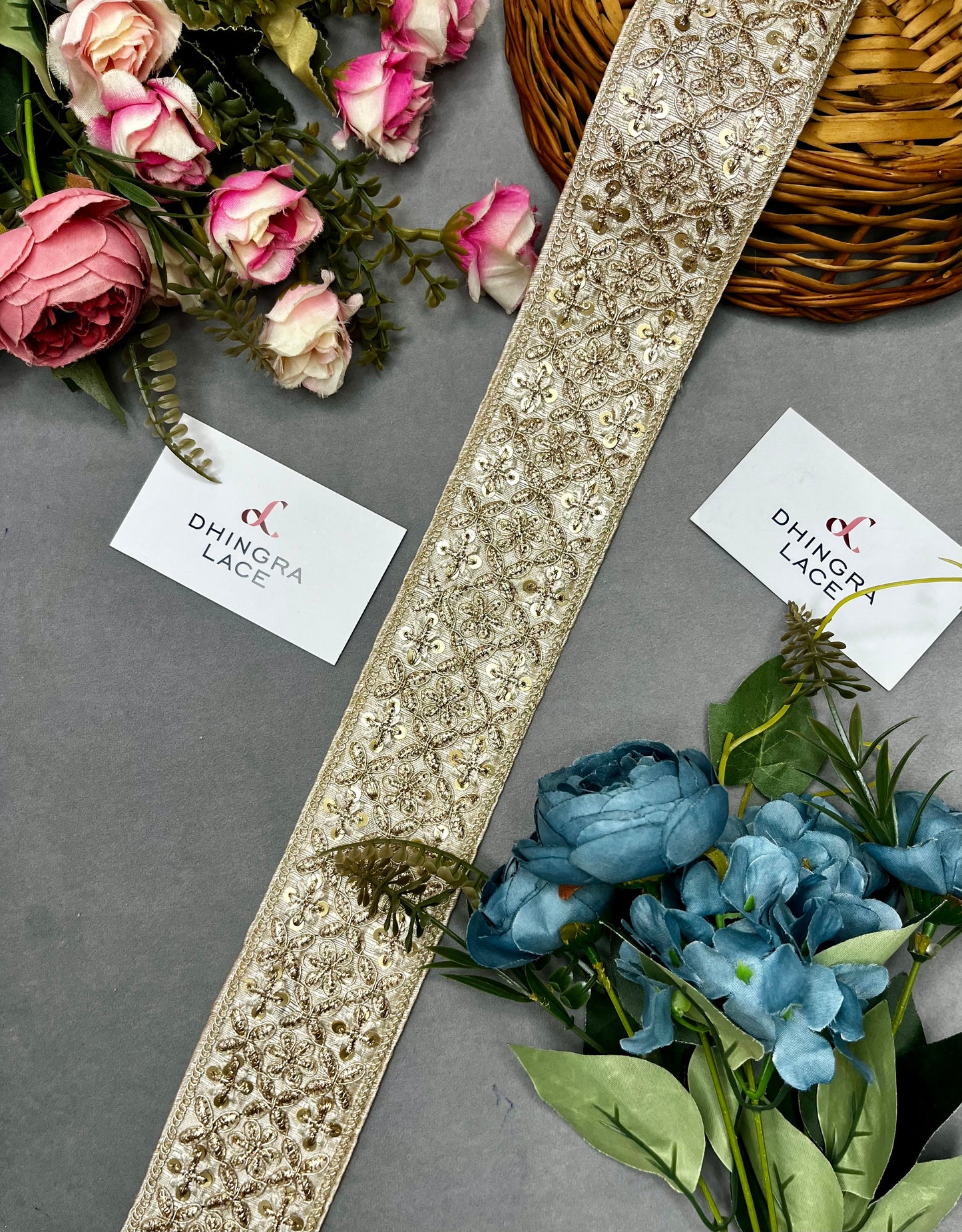 Beautiful Silk Base Zari And Dori Work White 2 Inches Broad Border 080824