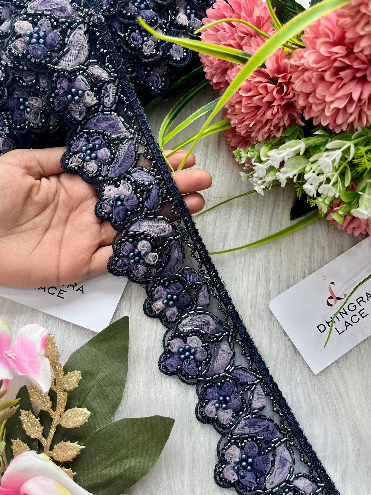 Beautiful Organza Based Handwork Lace Blue 190625/280625
