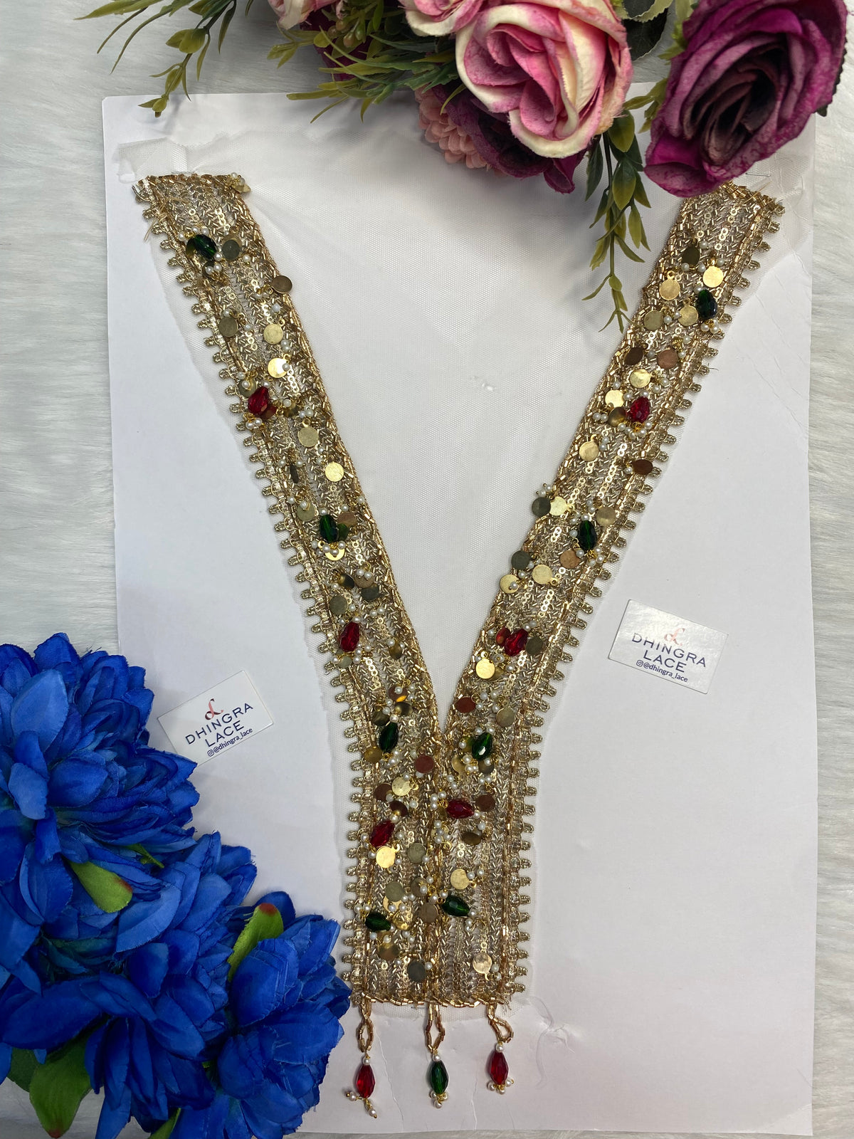 Rhine Stone Or Pearls Red Green Colour Combo With Metal Coins Or Handwork Neck Patches 161026