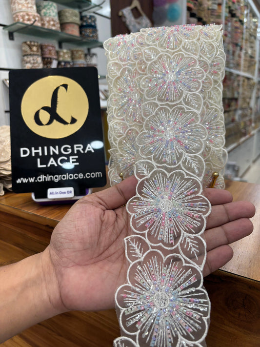 Beautiful Net Based Flower Lace White Multi 100925