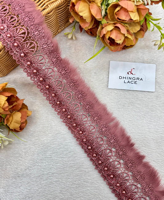 Beautiful Cotton Based Pearls And Feather Work 3 Inches Broad Lace Onion Pink / China Rose 220925