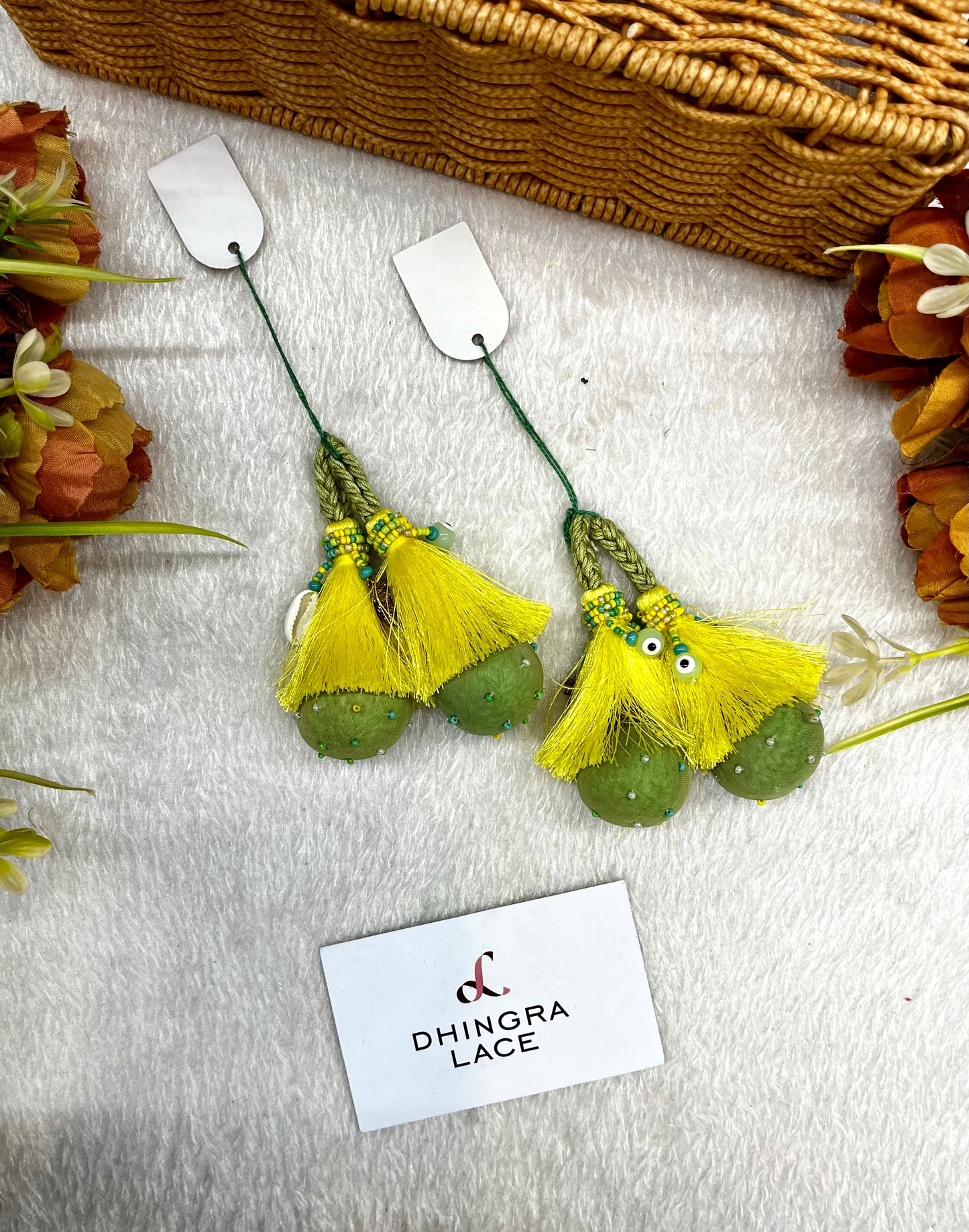 Beautiful Cotton Balls Thread , Evil Eyes And Shells Work Hanging Yellow And Light Green 131124