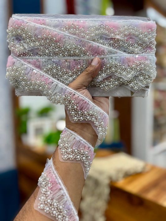 Beautiful Organza Based Pearls And Cutpipe Work Lace Multicolour 260825/251025