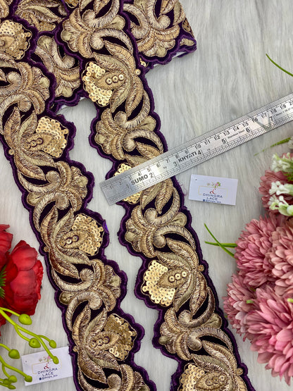 Beautiful Velvet Based 3 Inches Broad Cutwork Lace Wine 9 Meters 070126/090126