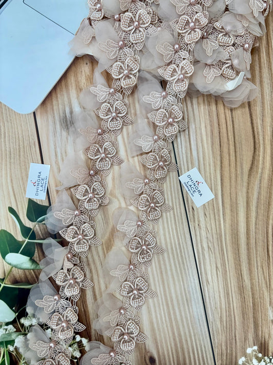 Beautiful Pearl Work Guipure Hanging Lace Beige130226