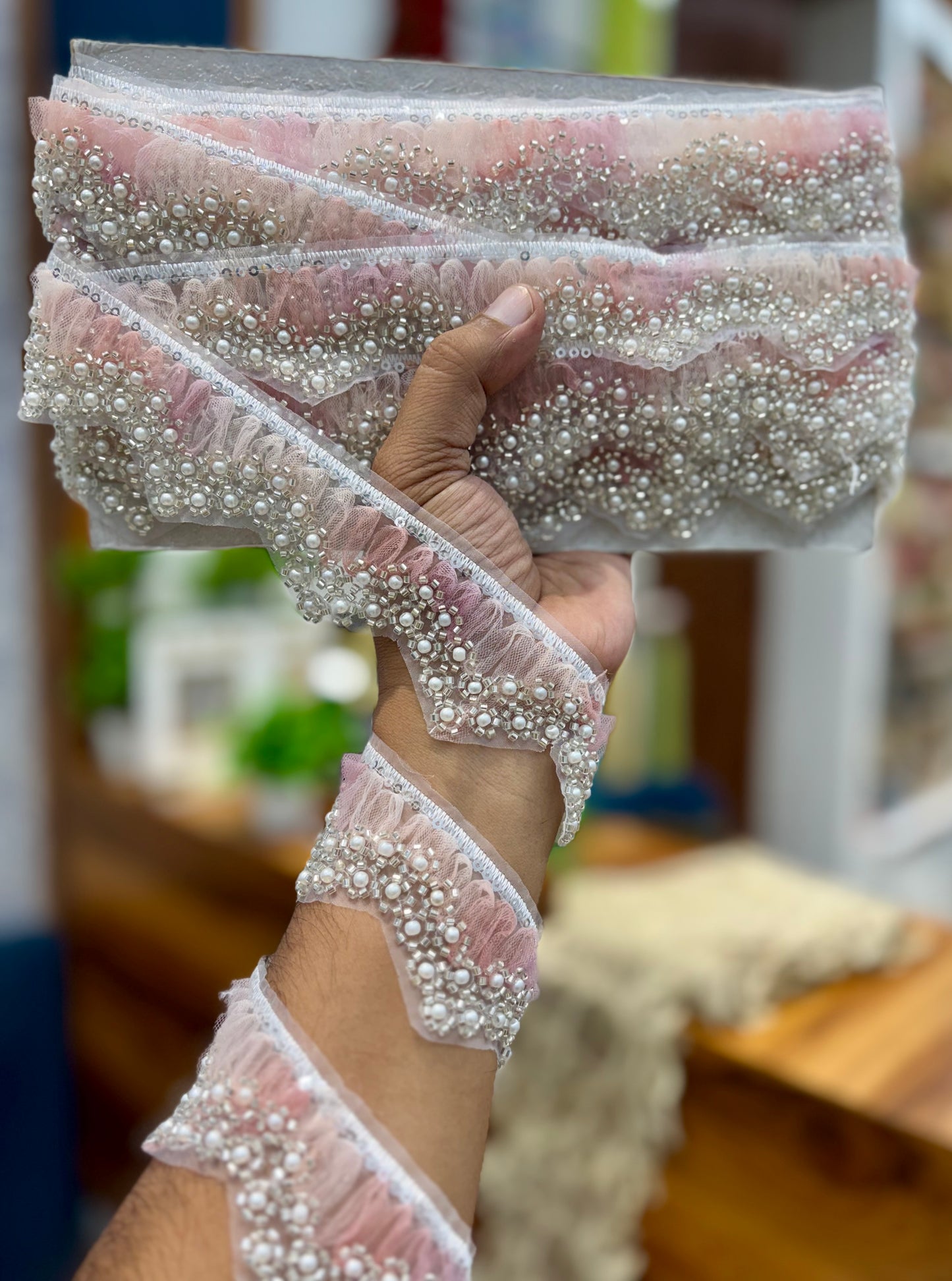 Beautiful Organza Based Pearls And Cutpipe Work Lace Multicolour 260825
