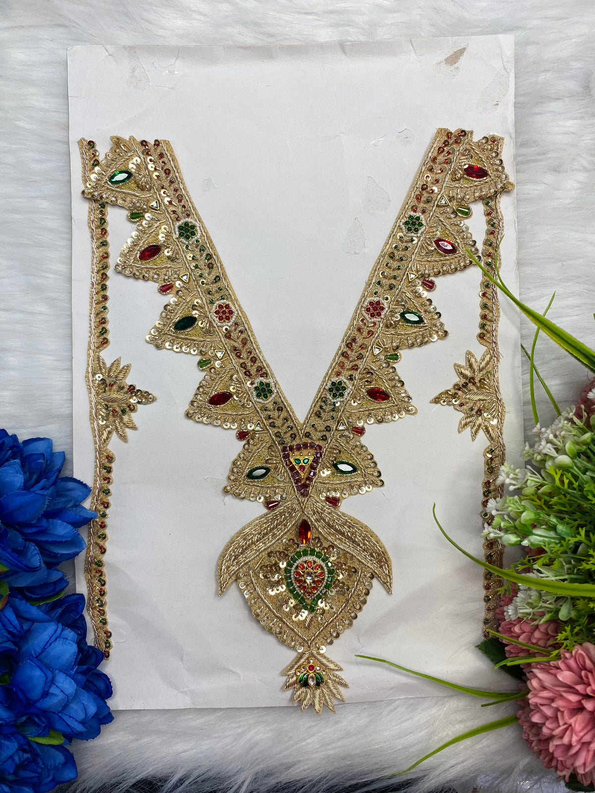 Crystal Rhine Stone Zardozi Neck Patch Gold/Antique 121026