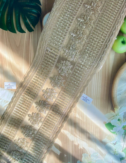 Beautiful Net Based Zari & Sequence Work 9 Inches Broad Border Lace For Saree, Suit, Dupatta, Lehnga Choli Light Gold 160126, 100226