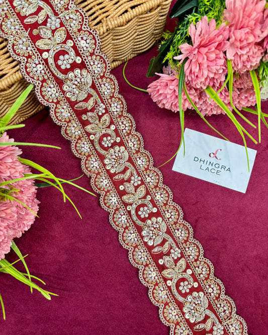 Beautiful Silk Based Handwork 3 Inches Broad Lace Maroon 150125