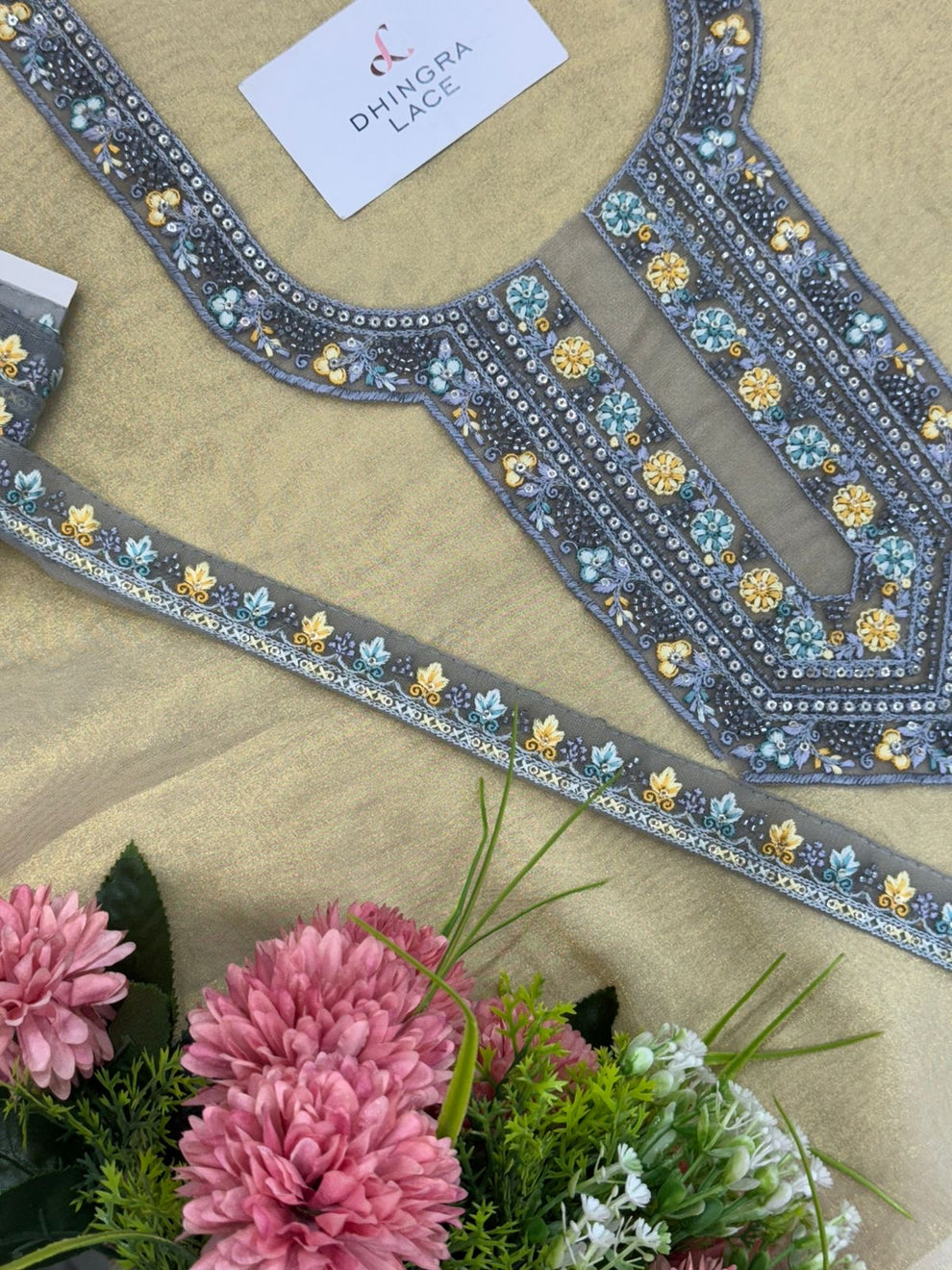 Handwork Neck Design Beautiful Net Based Handwork Neck With 1 Meter Lace 060525 – Dhingra Lace