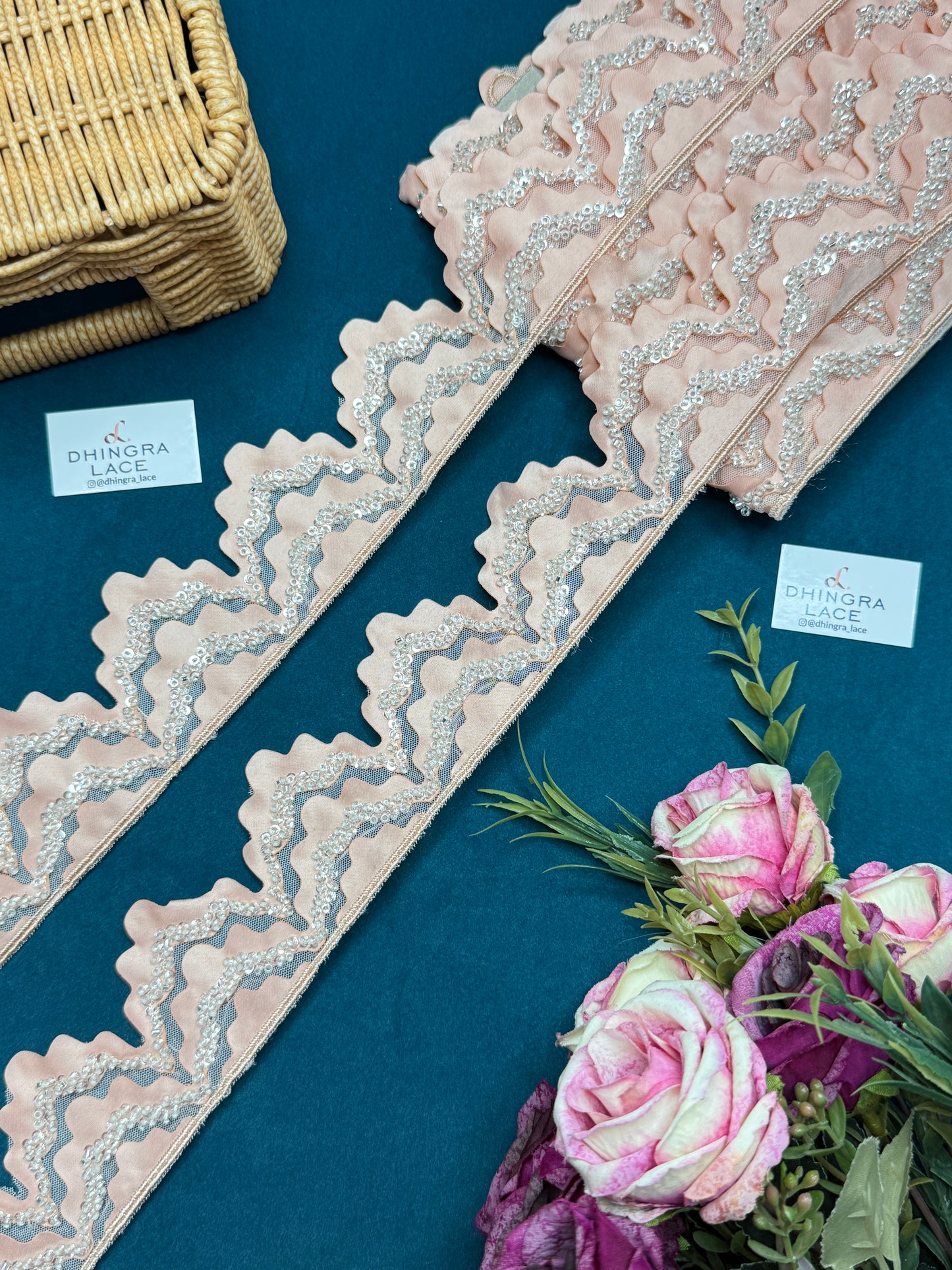 Beautiful Net Based Sequence And Glass Beads Work Scallop Lace 150526