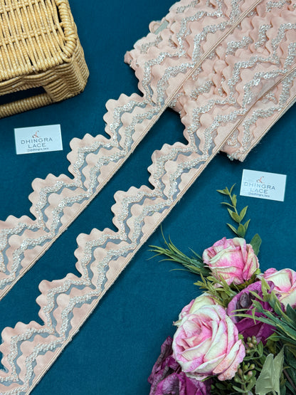 Beautiful Net Based Sequence And Glass Beads Work Scallop Lace 150526