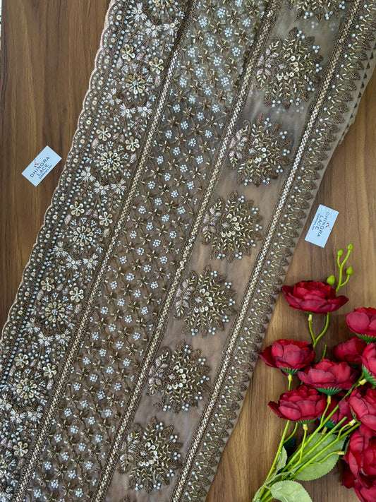 Beautiful Net Based Sequence And Cutpipe Work 13 Inches Broad Border Antique Gold 300126