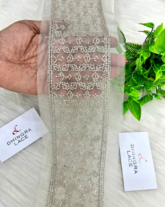 Beautiful Net Based Handwork Cutpipe And Sequence Work 3 Inches Broad Lace Silver 3 Meters 220525