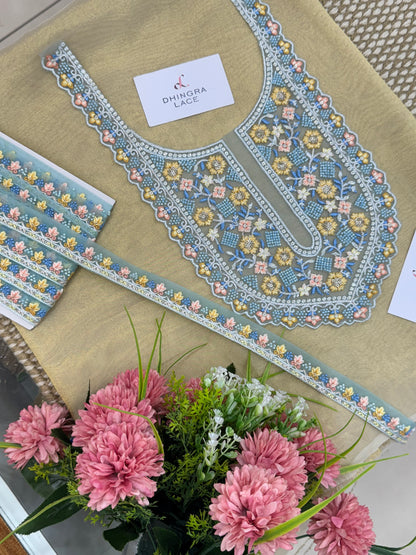 Beautiful Net Based Handwork Neck With 1 Meter Lace Skyblue 060525