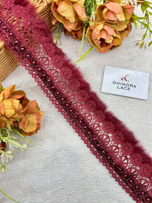 Beautiful Cotton Based Pearls And Feather Work 3 Inches Broad Lace Maroon 210125