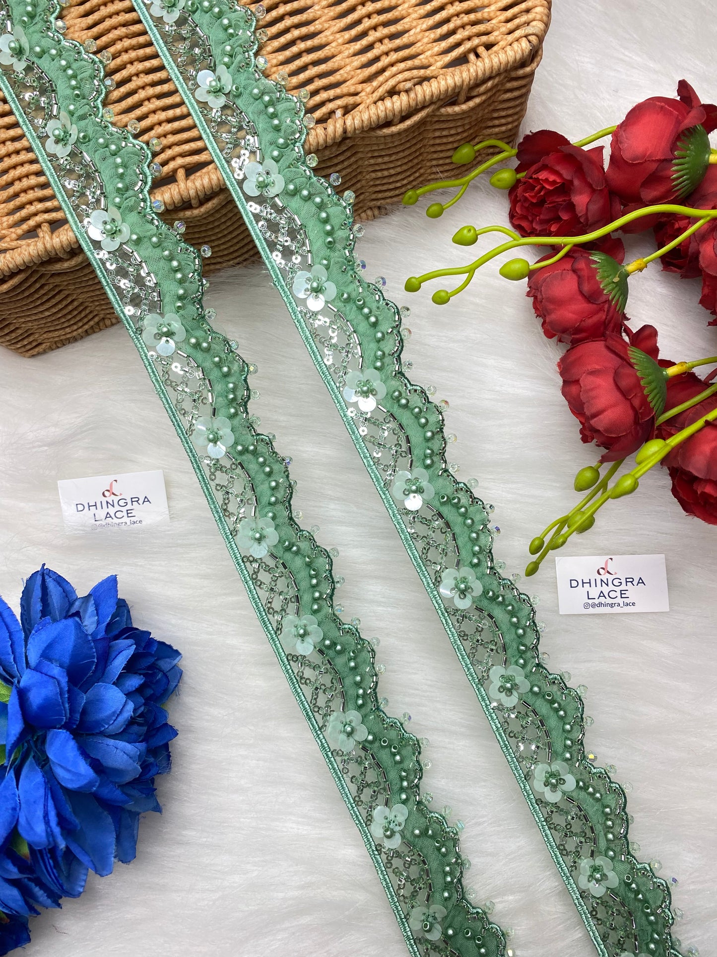 Beautiful Organza Based Cutpipe, Crystal, Sequence And Beads Work Lace (1 Meter) 250826