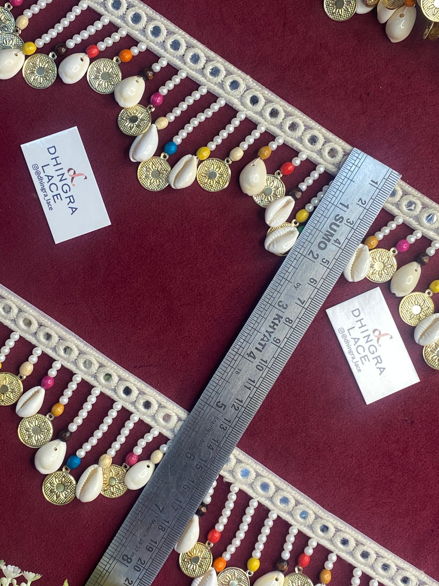 Beautiful Kaudi & Ginni Multicolour Hanging Pearl Lace, Coin Lace, Cowrie shells Lace 120126