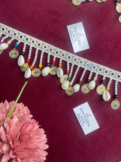 Beautiful Kaudi & Ginni Multicolour Hanging Pearl Lace, Coin Lace, Cowrie shells Lace 120126