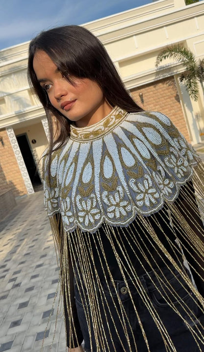 Beautiful Handwork Cutpipes  Work Fringes Cape White & Gold 190824B