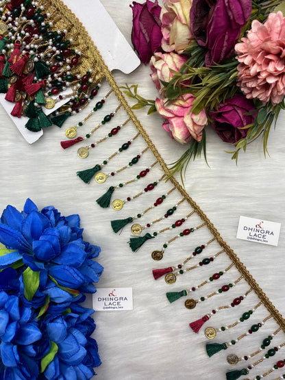 Coloured Beads With Coins Or Tassels Hanging Lace 3.5 inches broad (3 Meters) 271026